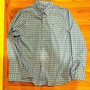 Vineyard Vines men’s large performance button down shirt plaid blue white green